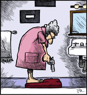 She wants it but the scale is unmoved Woman on scale with gun