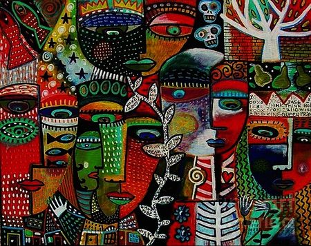 A depiction of the crowded goal-tracking space, or something Crowded City Sidewalks by Sandra Silberzweig