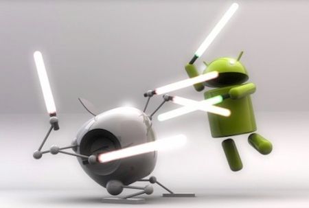 An apple and an android having a lightsaber fight, as they're wont to do An apple and an android having a lightsaber fight, as they're wont to do