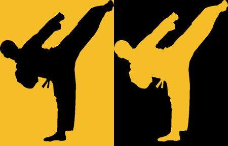 High Ja; Low Nein. Karate kick in black and yellow