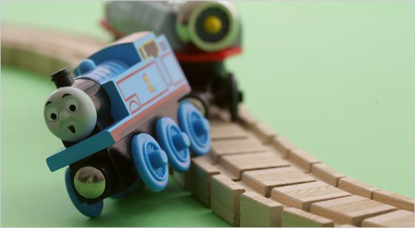 Thomas is Tipsy wooden toy train derailing