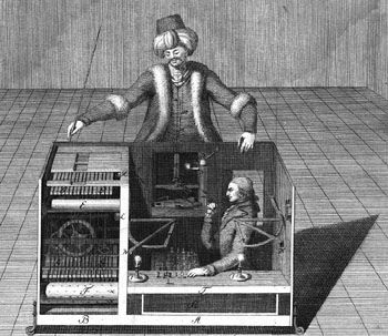 It's the faux automaton that's the turk. The small person inside may be any ethnicity. Sketch of the original Mechanical Turk