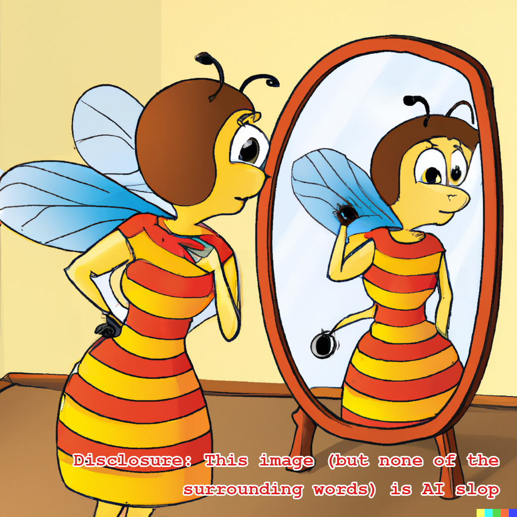 A cartoon bee in an orange and red striped dress