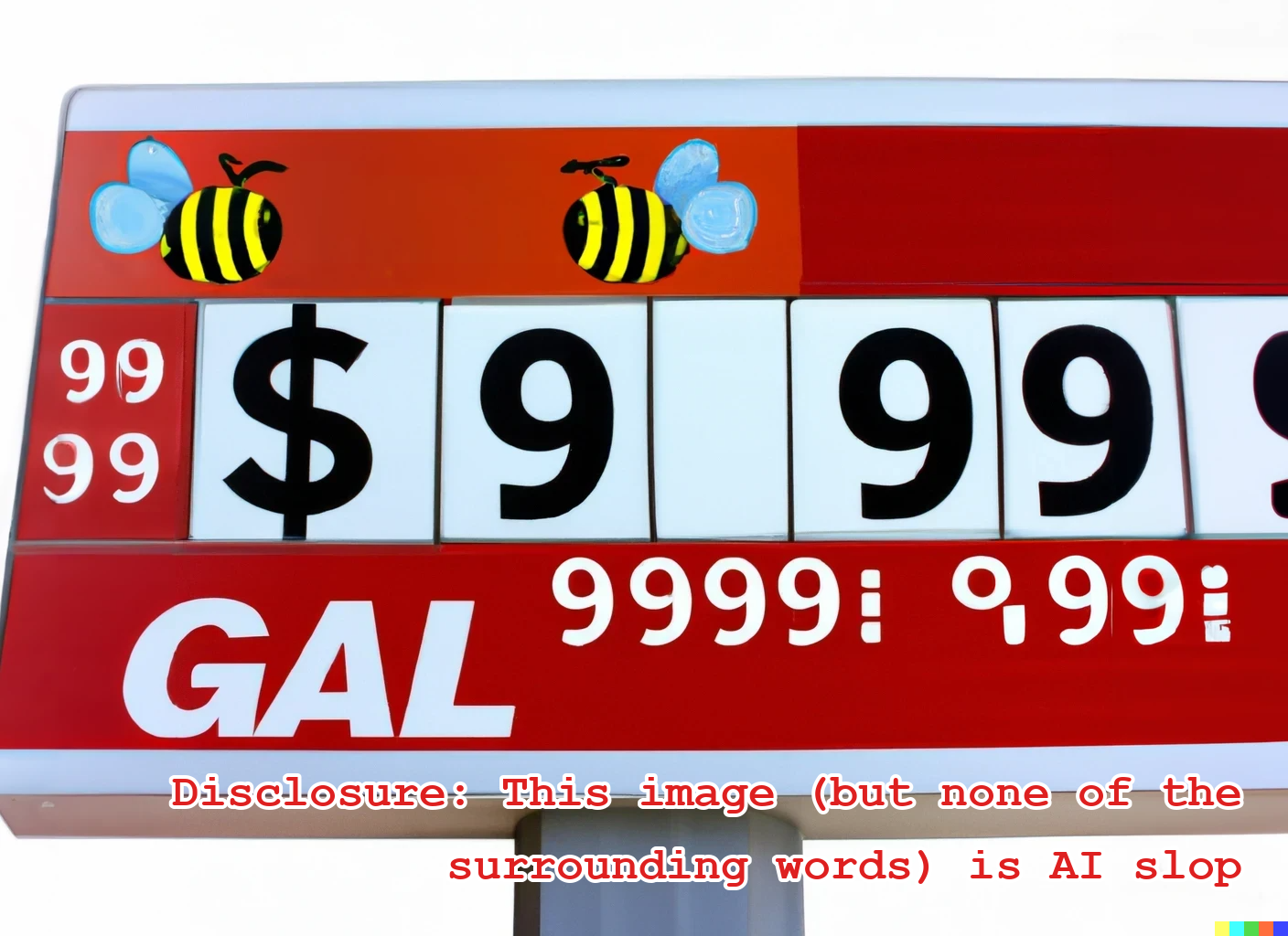 A gas station sign advertising $9.999/gallon gas
