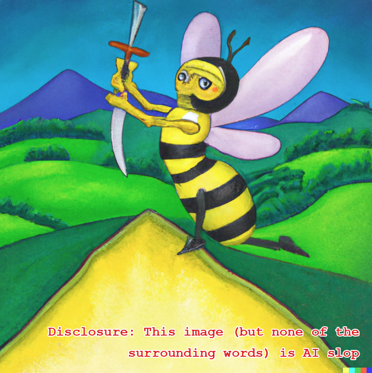 A cartoon bee committing hara-kiri on a hill