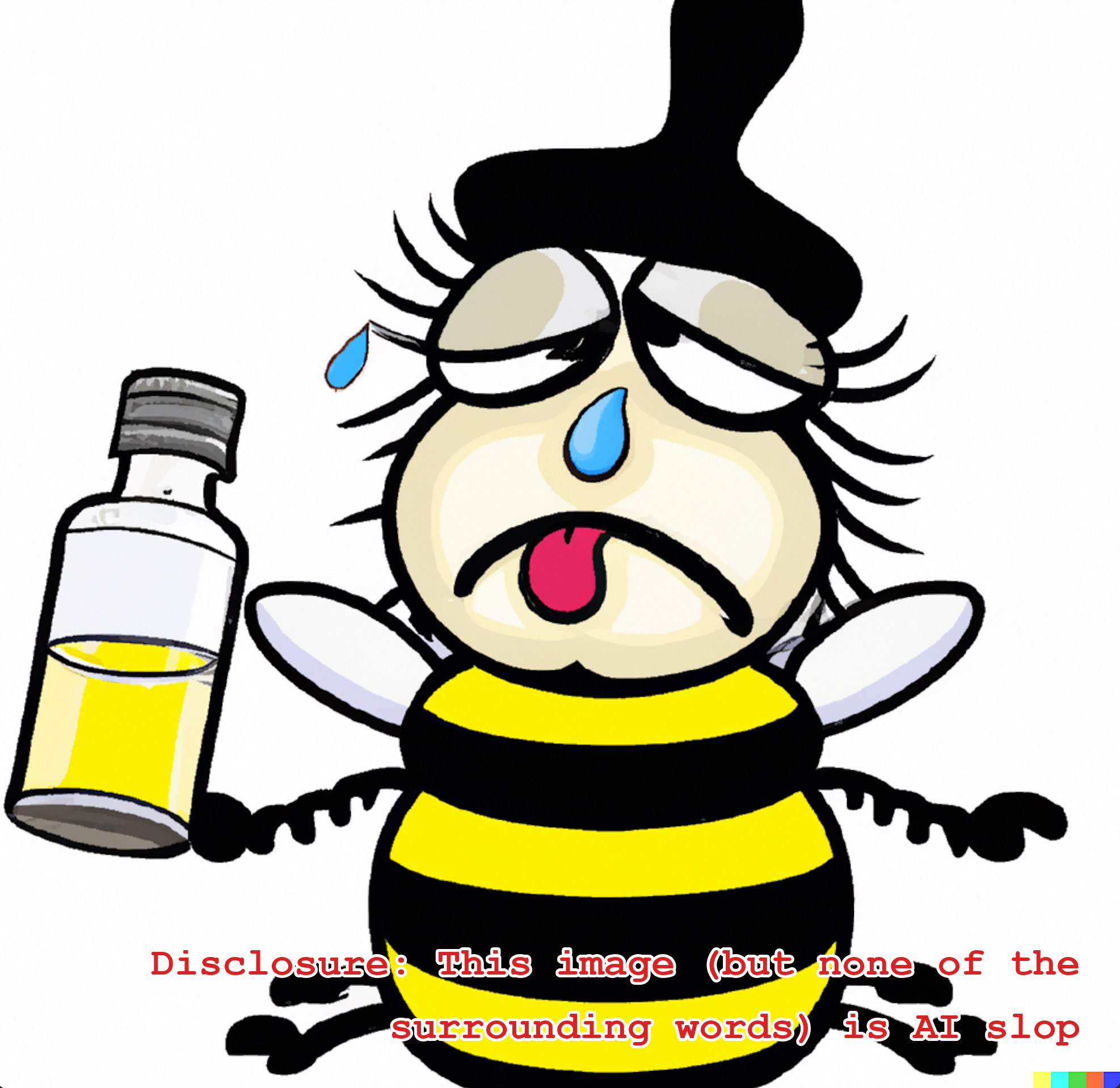 DALL-E image of a cartoon bee looking ill drinking a vial of a toxin