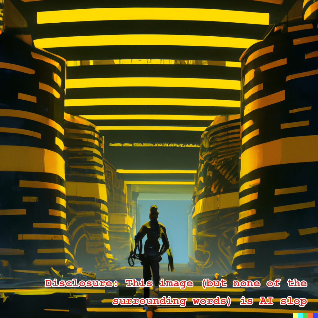 Silhoutted person entering a yellow and black striped gateway