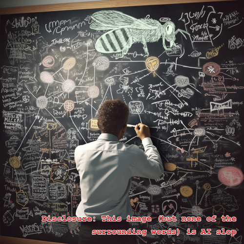 A person solving problems on a blackboard, and also a drawing of a bee