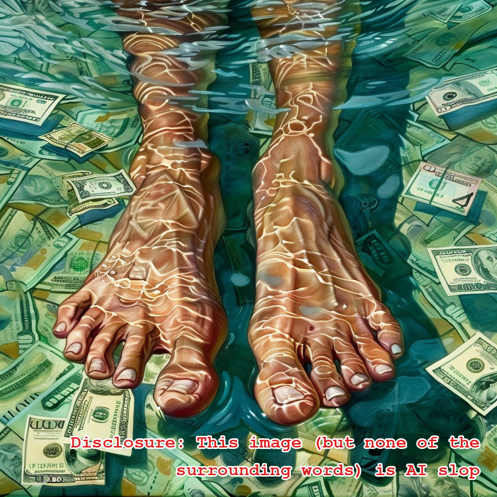 Feet submerged in a pool with money everywhere