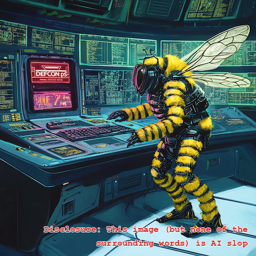 a weird military-esque bee at a command center control panel with DEFCON:pS written on it