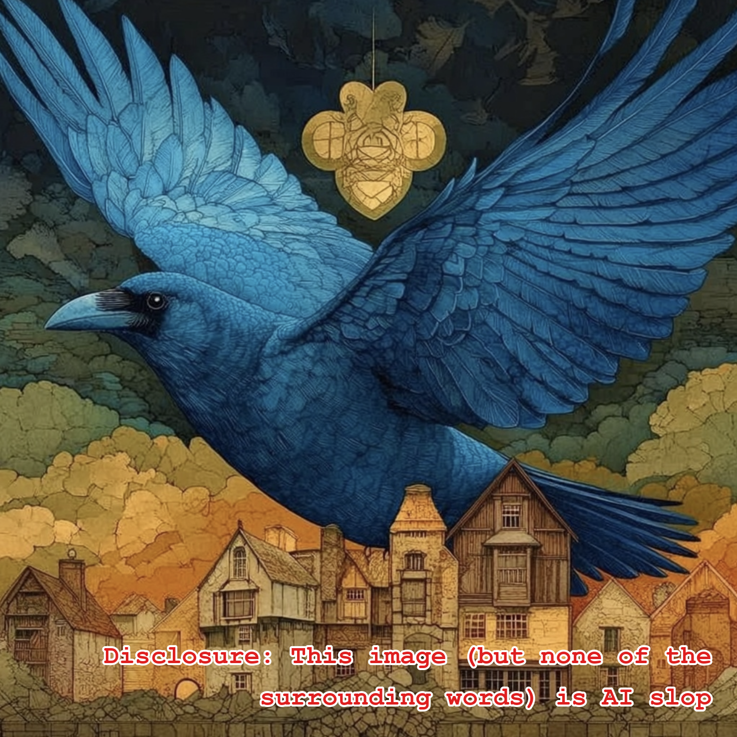 A large blue raven flies through a green and golden hued sunset, over a small village of quaint houses. There is an infinibee hanging in the V between the raven's in-flight wings.