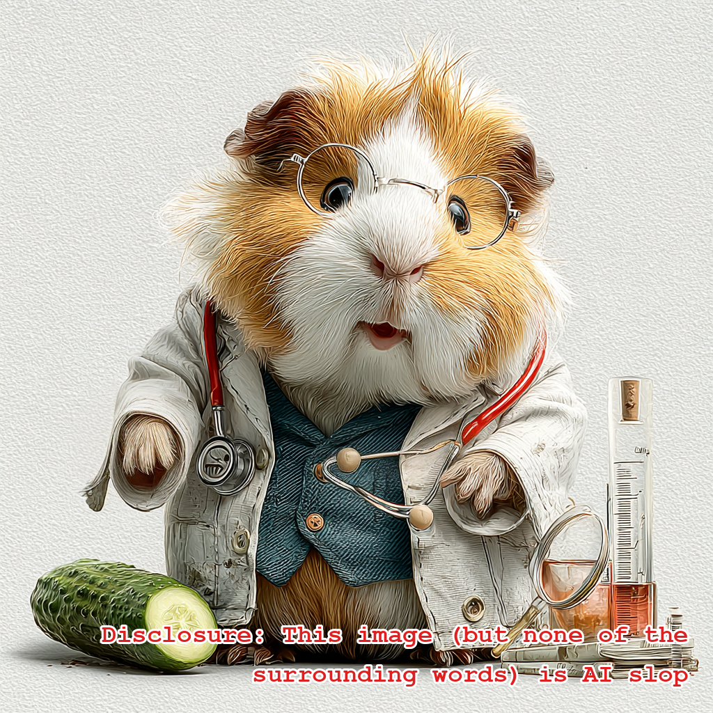 An AI drawing of a guinea pig wearing a lab coat with a stethoscope around its neck. There are some test tubes, a magnifying glass, and a cucumber at its feet.