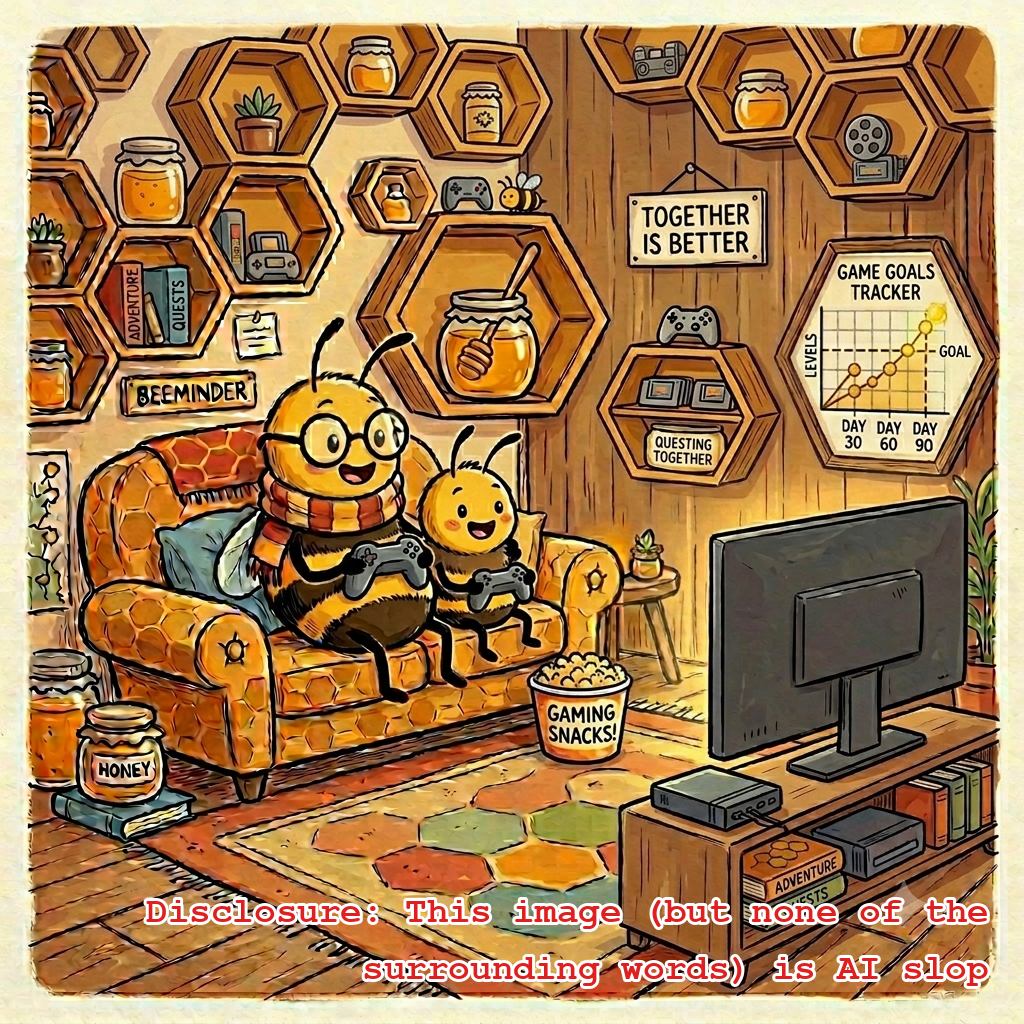 An image of a cozy den with two bees playing video games