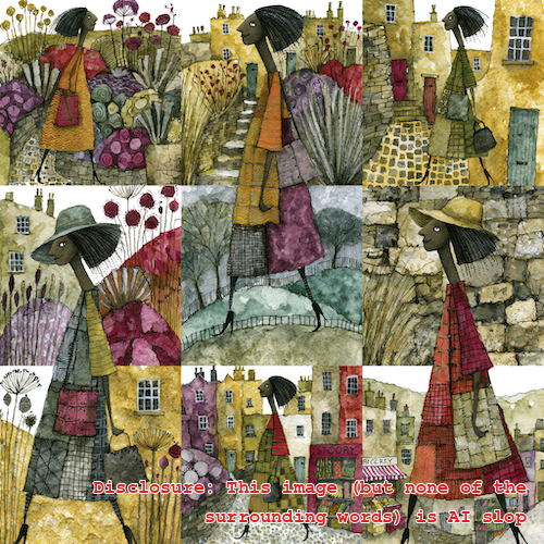 A grid of 9 scenes of the same woman going for different walks.